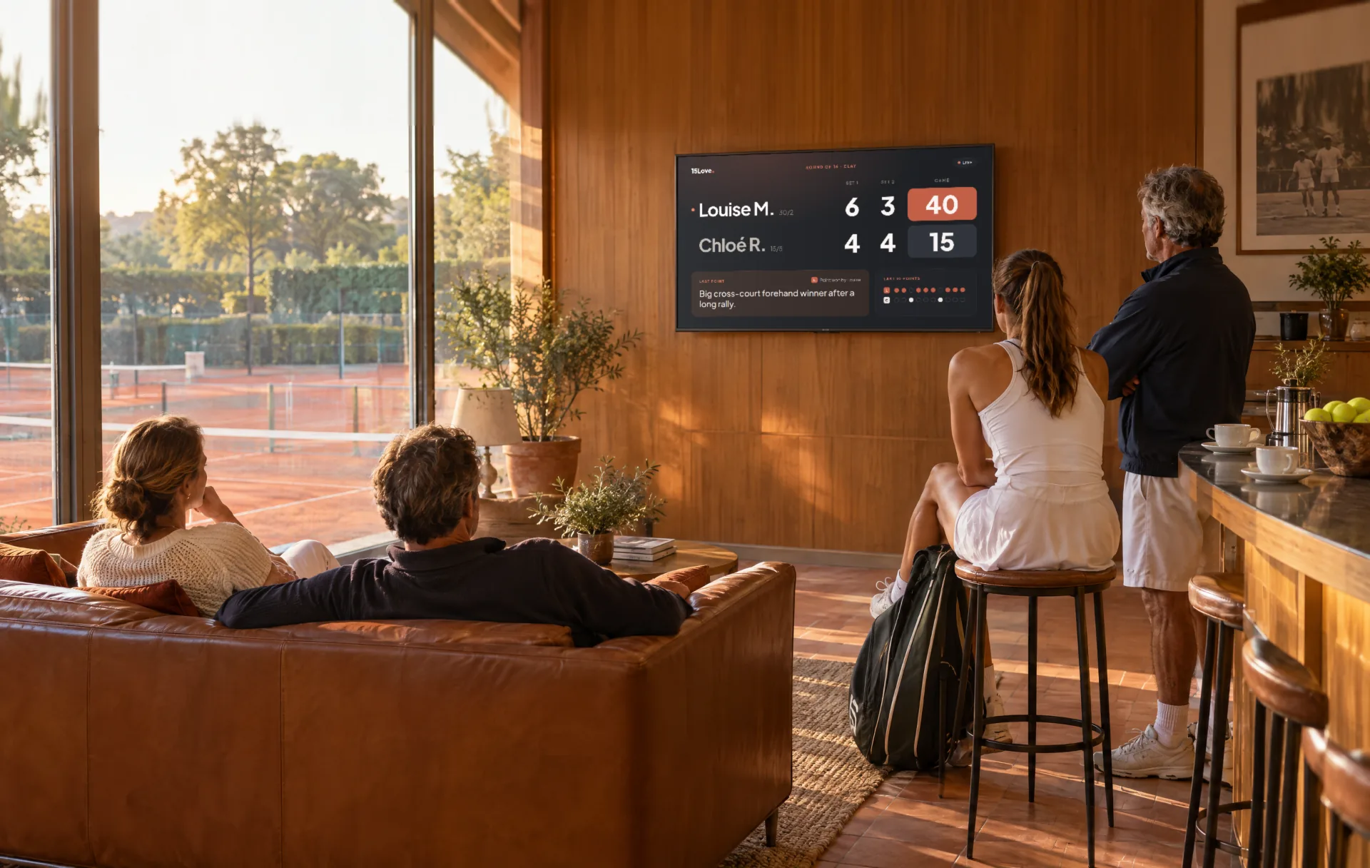 In the clubhouse, parents, a player and a coach follow the match live on the 15Love screen