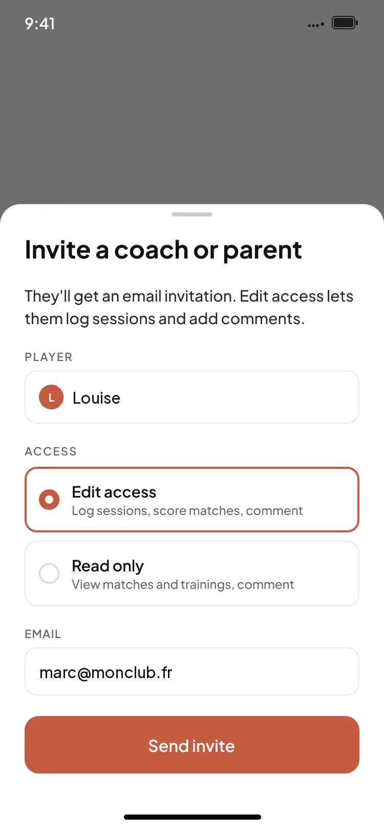 Invite a coach or parent with read or edit access